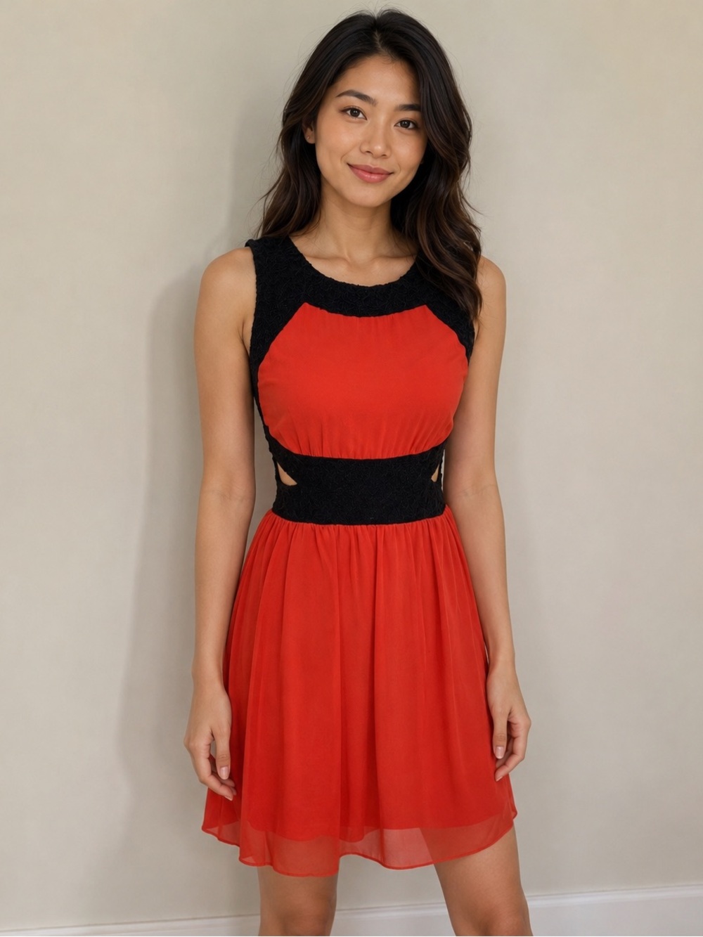 Sweet Storm M Red Black Lace Knee Length Dress With Side Cutouts Sheer Stretch